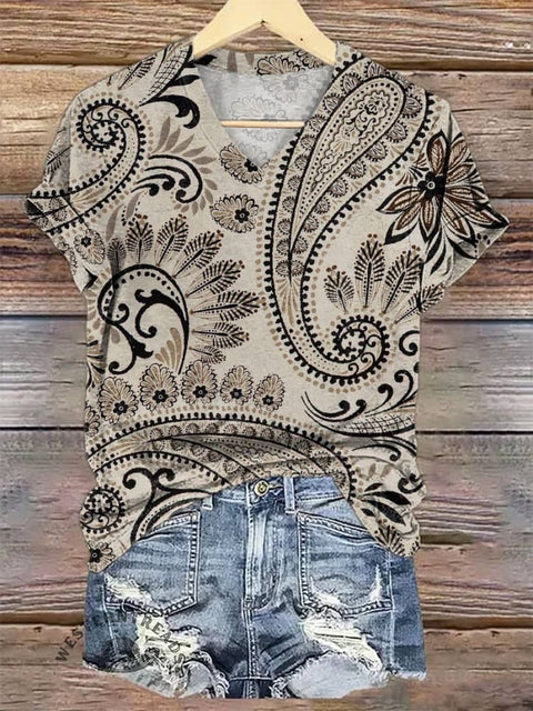 Women's Paisley V-neck Casual T-Shirt
