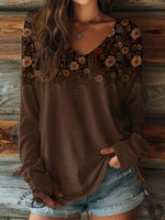 100% Cotton🍃Women's Vintage Brown Print Casual V-neck Long Sleeve T-shirt