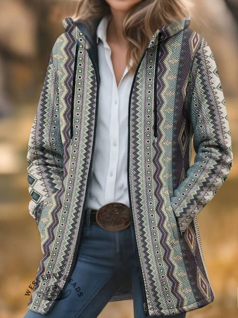 Zigzag Shape Print Unisex Plush Thick Long-Sleeved Cardigan Coat