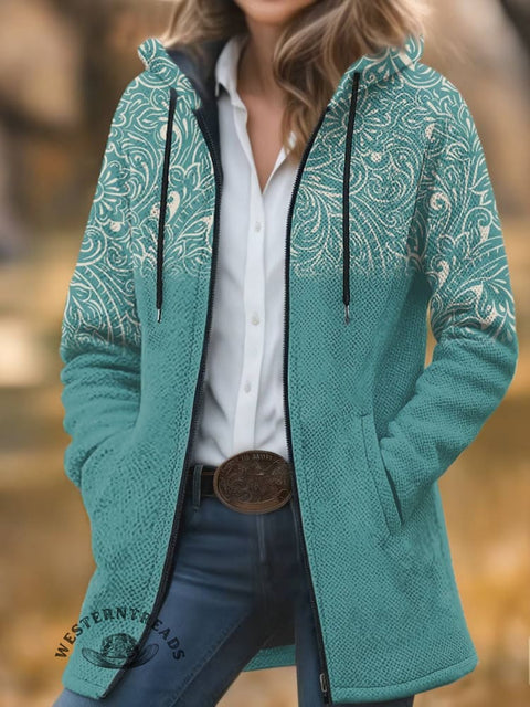 Turquoise Print Unisex Plush Thick Long-Sleeved Cardigan Coat