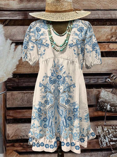 Women's Flower Paisley Print Pocket Cotton Dress