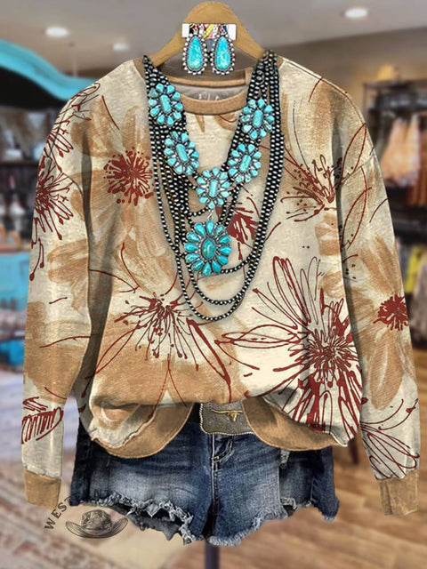 Khaki Floral Casual Cotton Sweatshirt
