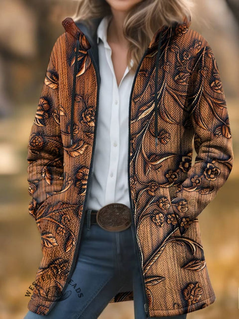 Relief Floral Print Unisex Plush Thick Long-Sleeved Cardigan Coat
