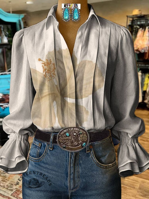 Women's Flower Print Casual Cotton And Linen Shirt