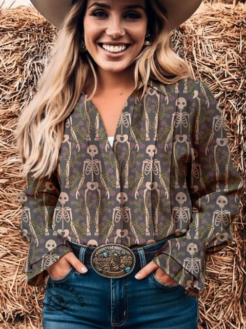 Women's Skeleton and Floral Print Casual Cotton And Linen Shirt