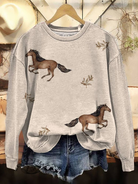 Horse Art Print Casual Cotton Sweatshirt