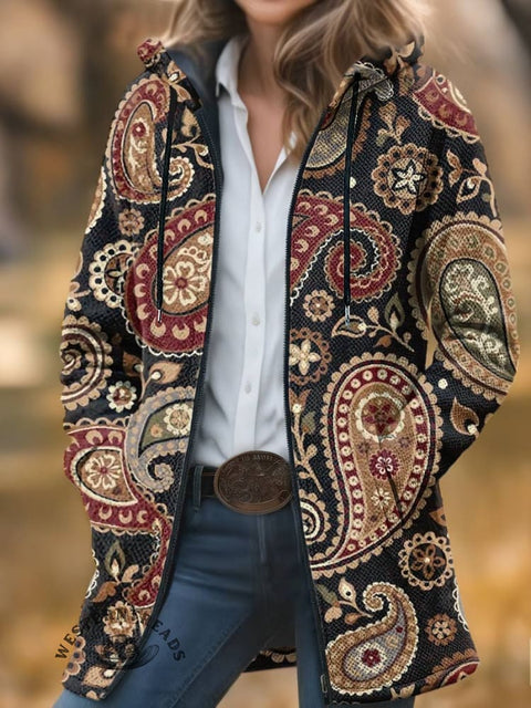 Paisley Print Unisex Plush Thick Long-Sleeved Cardigan Coat