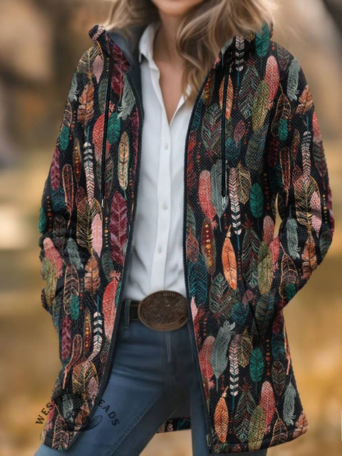 Feather Print Unisex Plush Thick Long-Sleeved Cardigan Coat