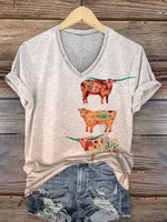 Women's Cow Print V-neck Casual T-Shirt