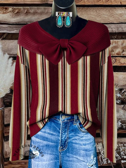 Women's Red Stripes Print Casual Sweater