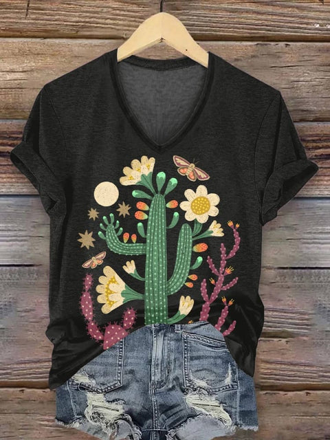 Women's Cactus Print V-neck Casual T-Shirt