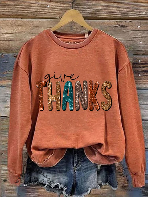 Give Thanks Pumpkin Thanksgiving Day Print Casual Sweatshirt