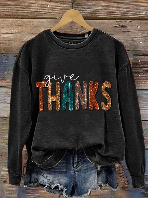Give Thanks Pumpkin Thanksgiving Day Print Casual Sweatshirt