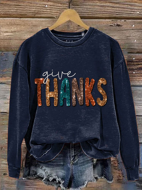 Give Thanks Pumpkin Thanksgiving Day Print Casual Sweatshirt