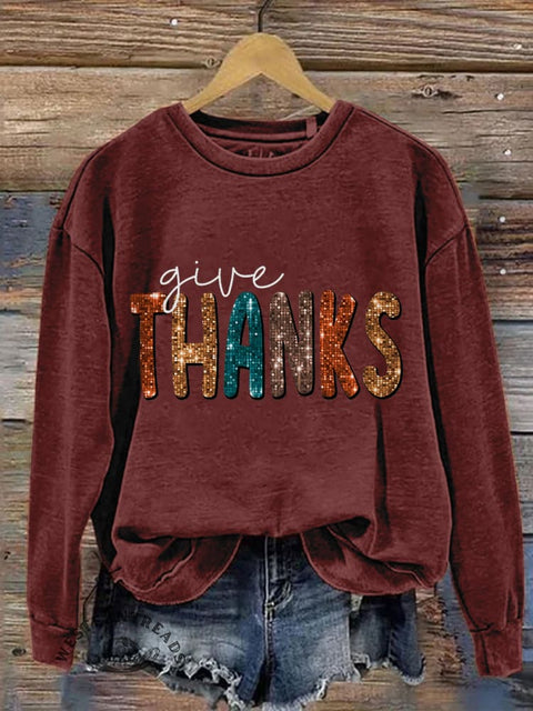 Give Thanks Pumpkin Thanksgiving Day Print Casual Sweatshirt