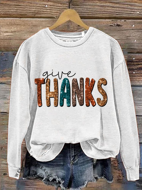 Give Thanks Pumpkin Thanksgiving Day Print Casual Sweatshirt