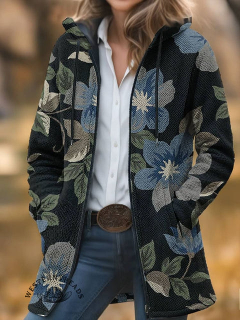 Floral Print Unisex Plush Thick Long-Sleeved Cardigan Coat