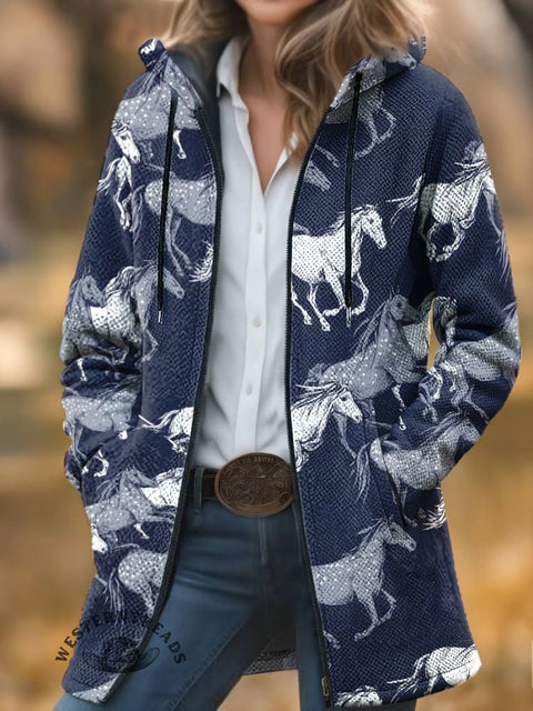 Horse Art Print Unisex Plush Thick Long-Sleeved Cardigan Coat