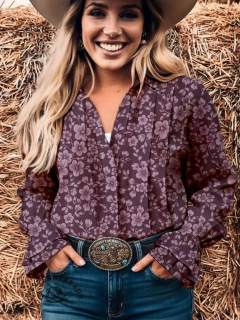 Women's Purple Floral Print Casual Cotton And Linen Shirt