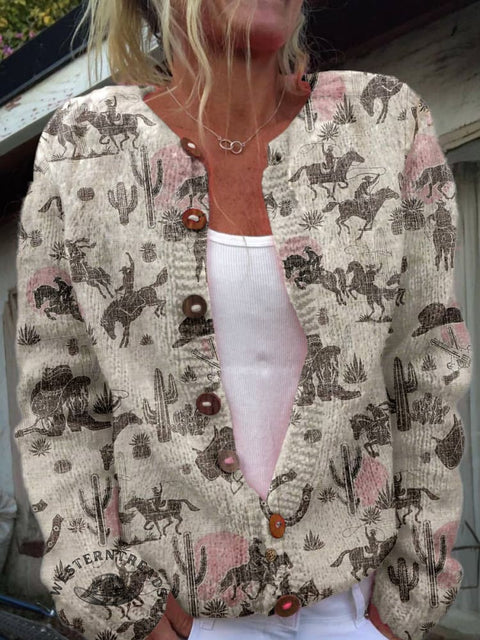 West Art Print Buttoned Cardigan Sweater