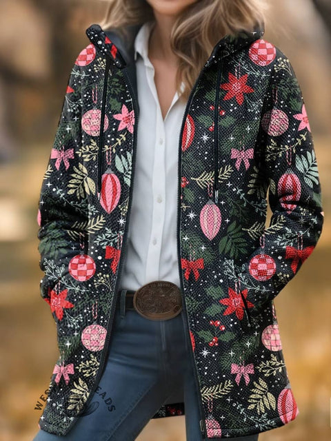 Christmas Print Unisex Plush Thick Long-Sleeved Cardigan Coat
