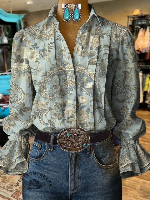 Women's Paisley Print Casual Cotton And Linen Shirt