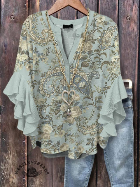 Women's Paisley Print Casual Cotton And Linen Shirt