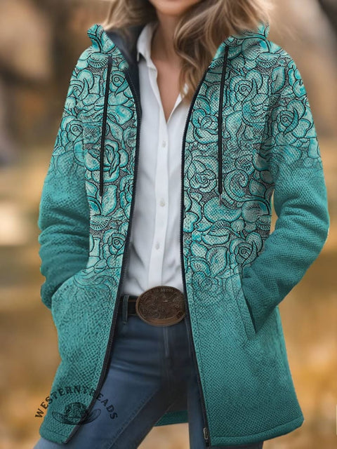 Turquoise Print Unisex Plush Thick Long-Sleeved Cardigan Coat