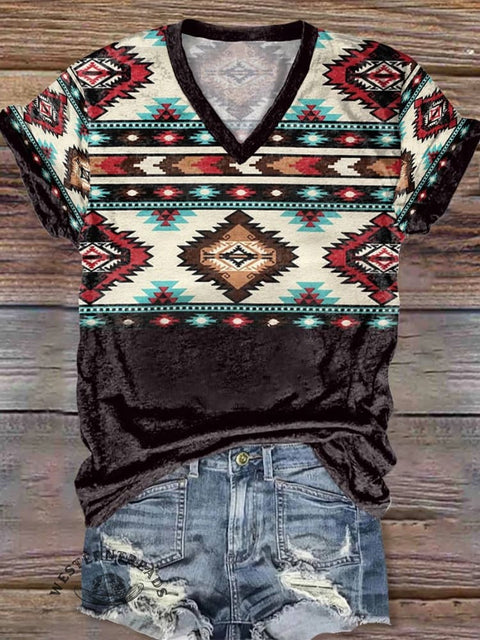 Women's Geometric Ethnic V-neck Casual T-Shirt
