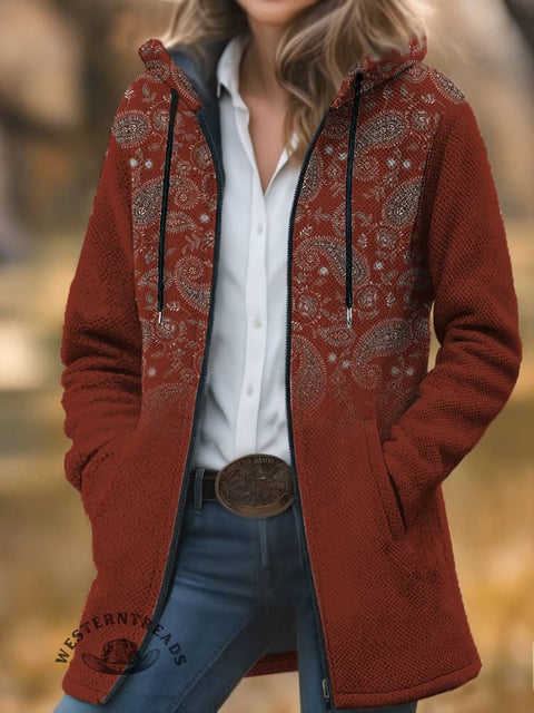 Red Paisley Print Unisex Plush Thick Long-Sleeved Cardigan Coat