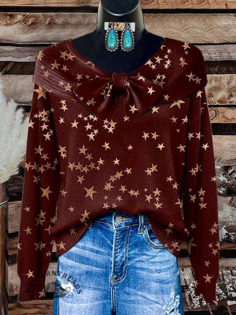 Red Little Stars Print Buttoned Cardigan Sweater