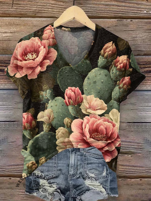 Cactus Print Women's V-neck Casual T-Shirt