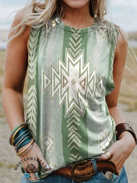 Women's Green Geometric Ethnic Casual Tank Top