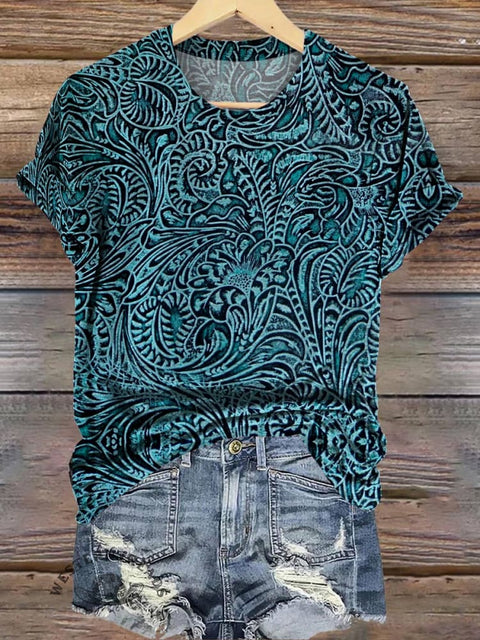 Turquoise Classic West Flower Print T-shirt