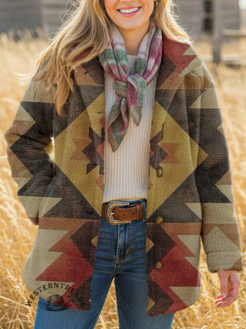 Women's Aztec Print Casual Sherpa Coat Cardigan