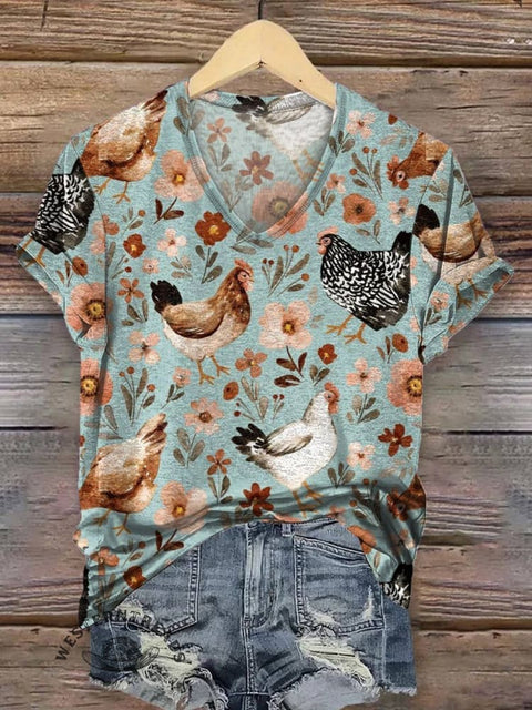 Women's Chicken Print V-neck Casual T-Shirt