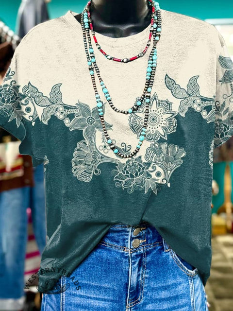 Beige and Cyan Flower T-shirt