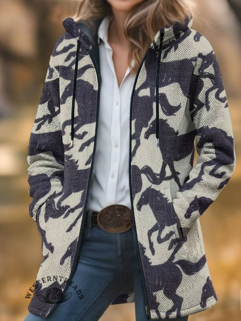 Horse Art Print Unisex Plush Thick Long-Sleeved Cardigan Coat