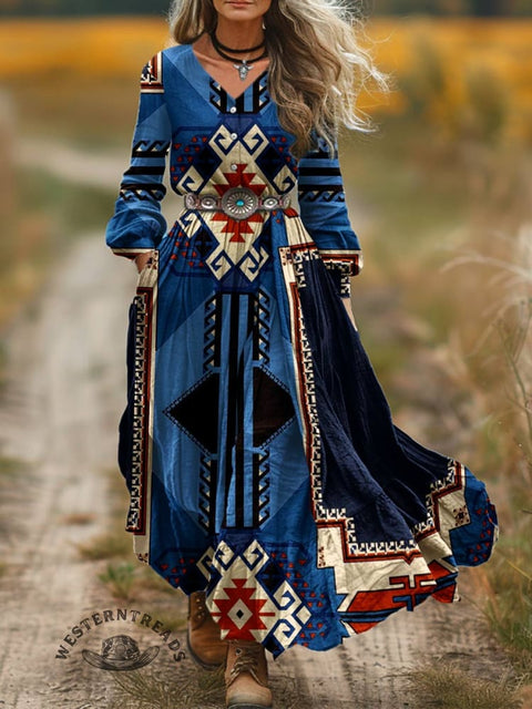 Women's Blue Aztec Print V-Neck Button Pocket Cotton Dress