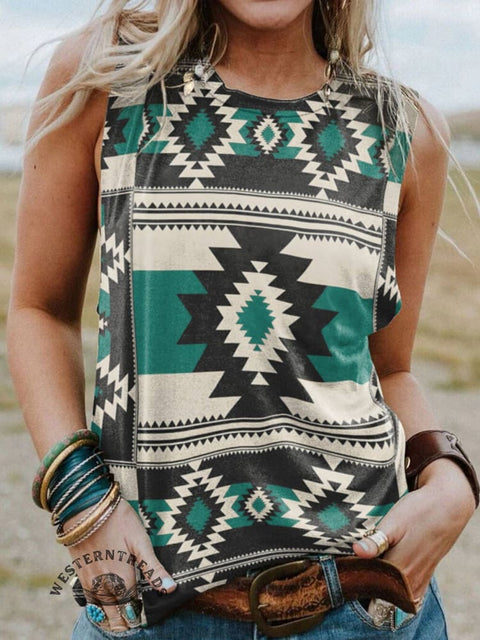 Women's Green Aztac Zigzag Shape Print Casual Tank Top