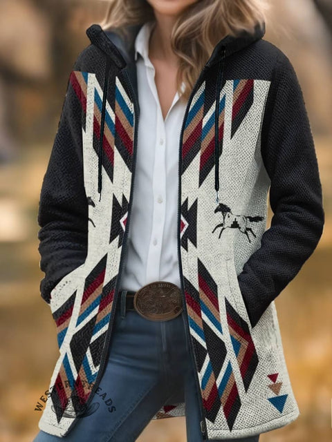 Aztec Print Unisex Plush Thick Long-Sleeved Cardigan Coat