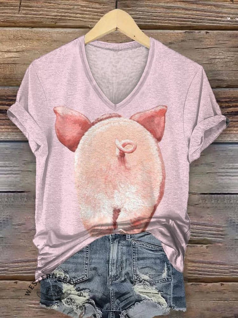 Women's Pig Print V-neck Casual T-Shirt