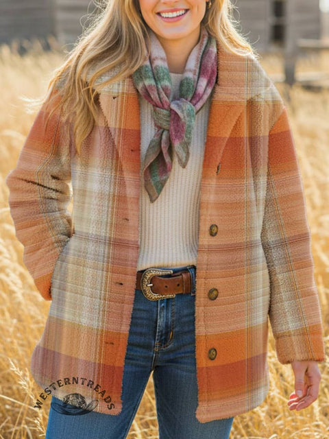 Women's Orange Print Casual Sherpa Coat Cardigan