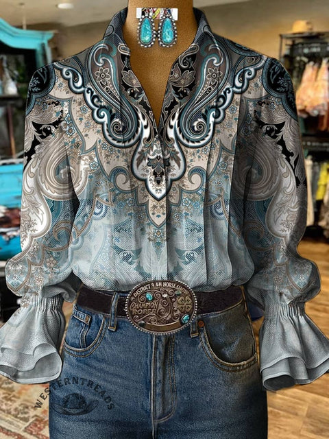 Women's Paisley Print Casual Cotton And Linen Shirt