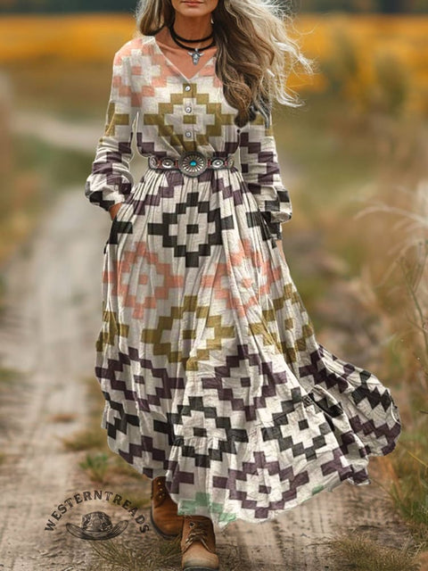 Women's Aztec Print V-Neck Button Pocket Cotton Dress