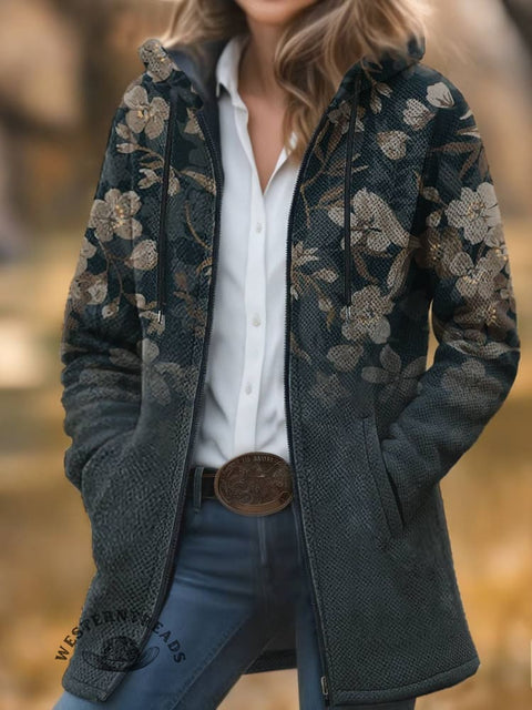 Dark Flower Print Unisex Plush Thick Long-Sleeved Cardigan Coat
