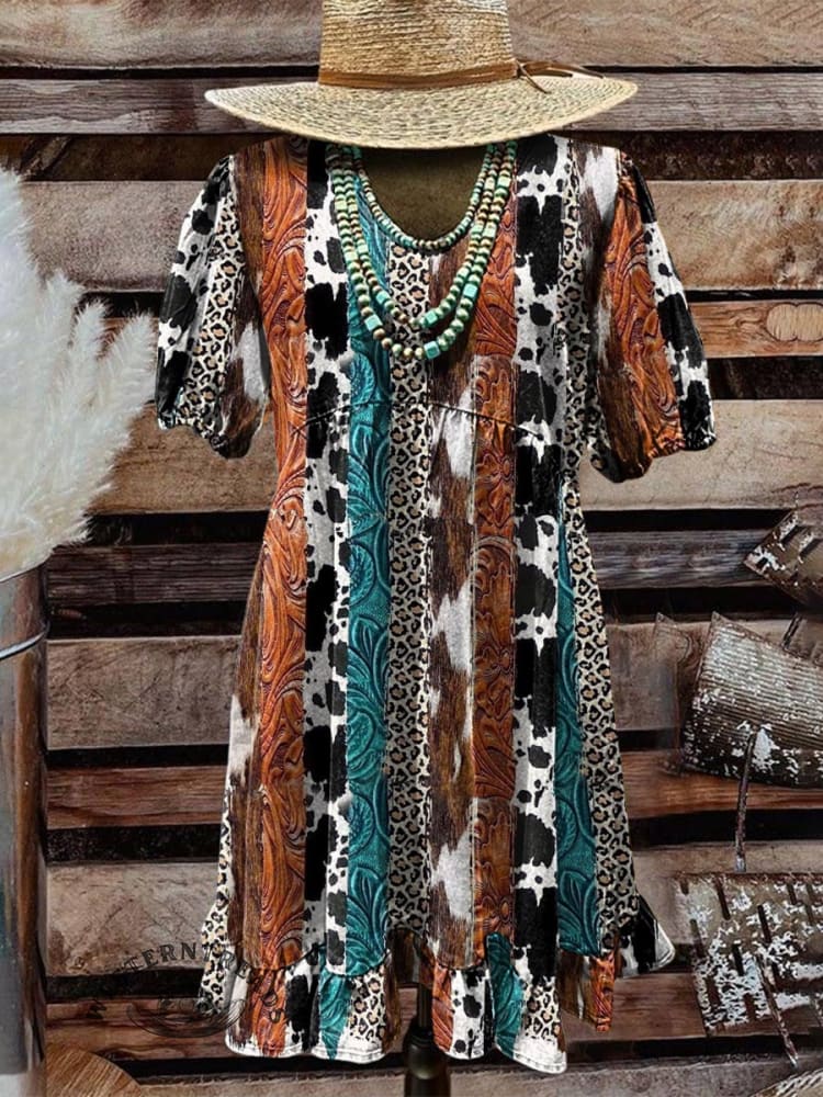 Women's Vintage Stripes Classic West Print Pocket Cotton Dress