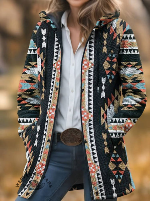 Aztec Print Unisex Plush Thick Long-Sleeved Cardigan Coat