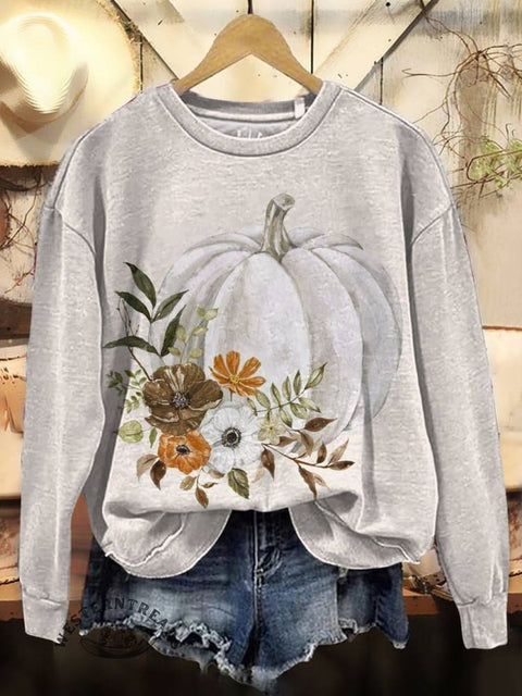 Pumpkin Print Casual Cotton Sweatshirt