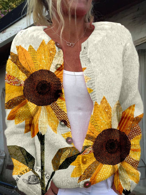 Sunflower Print Buttoned Cardigan Sweater
